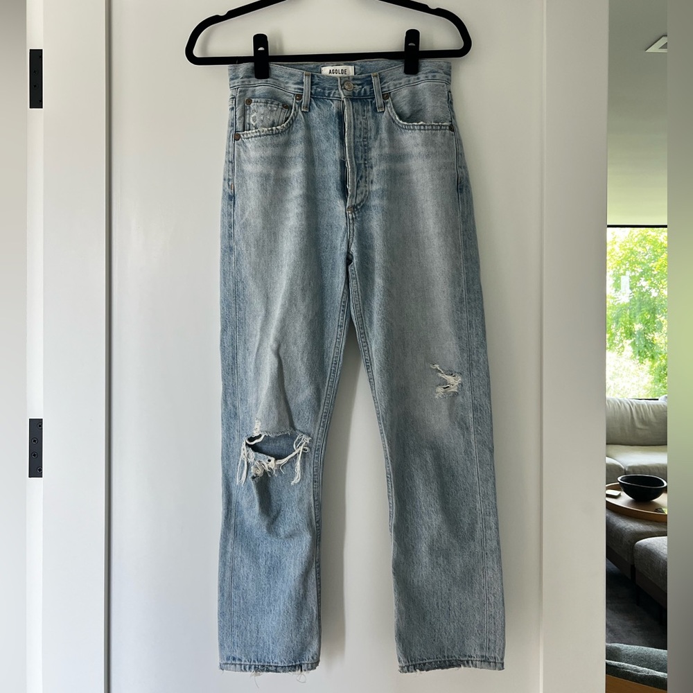 Agolde Blue Straight Leg Jeans with Vintage Distressing
